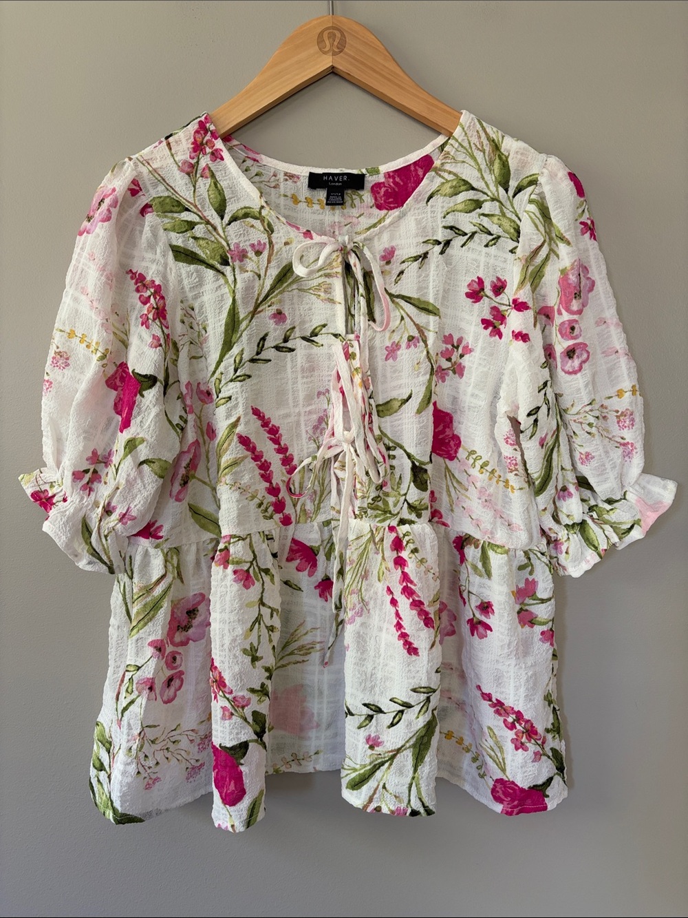Haver London Floral Boho Cottagecore Tie‎ Front Top XS Flowy White Pink
